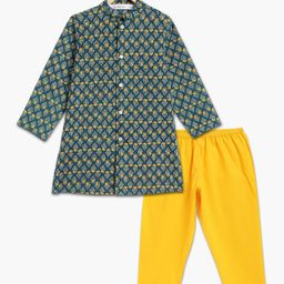 Campana Boys Ethnic Motifs Printed Kantha Work Mandarin Collar Cotton Kurta With Pyjamas-54