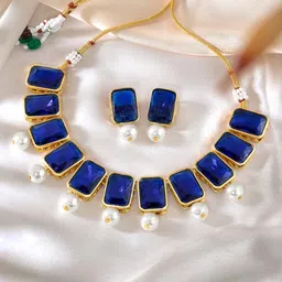Peora Traditional Crystal Pearl Choker Necklace & Earring Jewellery Set-65