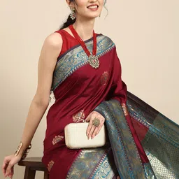 Anouk Burgundy Woven Design Zari Silk Blend Heavy Work Banarasi Saree-image-44