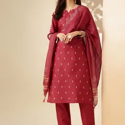 Anouk Ethnic Motifs Embroidered Notch Neck Thread Work Kurta With Trousers & Dupatta-1