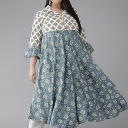 YASH GALLERY Plus Size Women White & Blue Ethnic Motifs Printed Bell Sleeves Kurta-picture-31