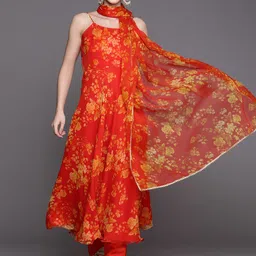 Inddus Women Orange Floral Printed Kurta with Trousers & With Dupatta-18
