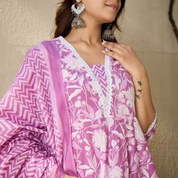 Anouk Floral Printed Pure Cotton A Line Kurta With Trousers & Dupatta-picture-4