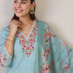 Indo Era Women Floral Embroidered Linen Kurta with Trousers & Dupatta-51