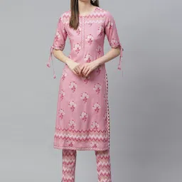 YASH GALLERY Women Pink & Golden Printed Kurta with Trousers-image-17