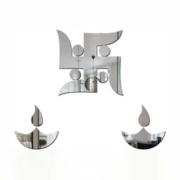 Wall1ders 3 Pieces Silver Toned Swastik With Diya Mirror Wall Stickers-image-56