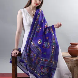 Exotic India Indigo Hand-Embroidered Florals and Mirrors Pure Cotton Dupatta-picture-30