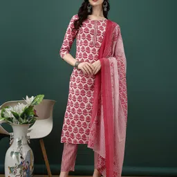 KALINI Ethnic Motifs Printed Round Neck Kurta ,Trousers & Dupatta-image-3
