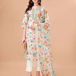 TRAHIMAM Women Embroidered Regular Kurti with Trousers & With Dupatta-23