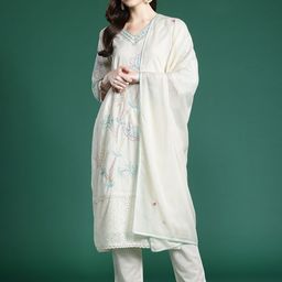 Indo Era Floral Embroidered Thread Work Pure Cotton Kurta with Trousers & With Dupatta-picture-16