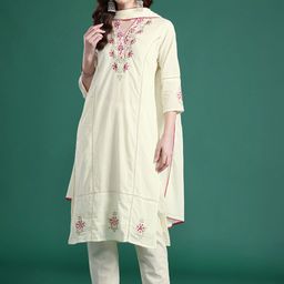 Indo Era Floral Embroidered Pure Cotton Kurta with Trousers & Dupatta-picture-12