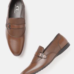 Carlton London Men Brown Textured Smart Casual Loafers with Buckle Detail-image-56