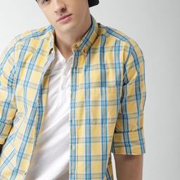 Harvard Men Yellow & Blue Slim Fit Checked Sustainable Casual Shirt-image-40