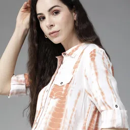Roadster Women White & Orange Tie and Dyed Casual Shirt-picture-12