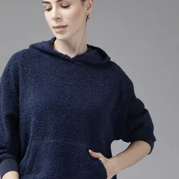 Roadster Women Navy Blue Boucle Knit Hooded Sweatshirt-image-26