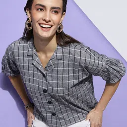 CLEMIRA Checked Printed Shirt Collar Roll-Up Sleeves Ethnic Cotton Shirt Style Top-71