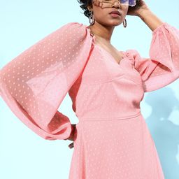 Athena Women Pretty Pink Self Design Sweetheart Neck Dress-2