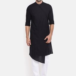 The Indian Garage Co Men Navy Blue Solid Asymmetrical Hem Straight Kurta-44