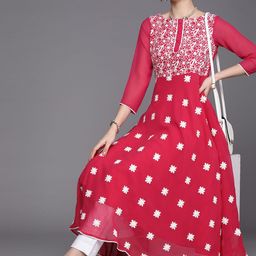 Inddus Women Pink & White Ethnic Motifs Embroidered Anarkali Kurta-picture-14