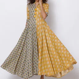 Vishudh Women Mustard Yellow Colourblocked A-Line Kurta-image-79