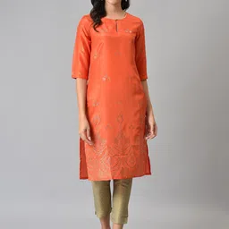 W Women Geometric Print Shantung Straight Kurta-image-12