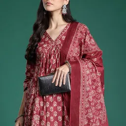 Anouk Floral Printed High Slit Pure Cotton A Line Kurta With Trousers & Dupatta-image-94
