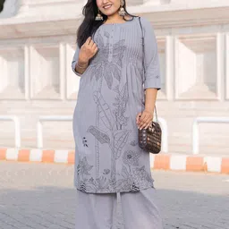 CRENOL THREADS Floral Printed Pleated Pure Cotton Kurta With Palazzos-picture-53