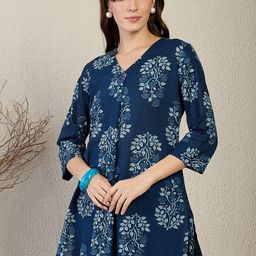 Indo Era Floral Printed V-Neck A-Line Pure Cotton Kurta With Trousers-picture-36