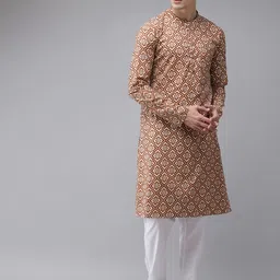 See Designs Men Beige Printed Regular Pure Cotton Kurta with Pyjamas-image-46