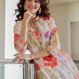 Indo Era Women Floral Printed Regular Pure Cotton Kurta with Trousers-image-89