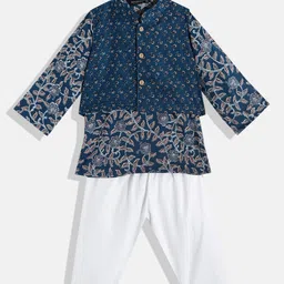 Readiprint Fashions Boys Blue & White Floral Cotton Kurta with Pyjamas & Nehru Jacket-image-13