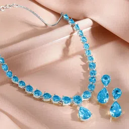 Rubans Rhodium-Plated Blue Topaz Cubic Zirconia Studded Necklace Set-7
