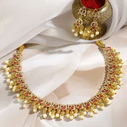 Rubans 22K Gold-Plated Ruby Red & Emerald Green Stone Studded Pearl Beaded Necklace Set-2