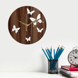 Freny Exim White & Brown Butterfly Printed Contemporary Wooden Wall Clock-51