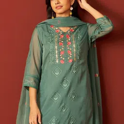 Indo Era Women Floral Embroidered Kurta with Trousers & Dupatta-picture-19