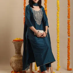 GoSriKi Ethnic Motifs Embroidered Round Neck Straight Kurta With Trouser And Dupatta-53