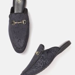House of Pataudi Men Charcoal Grey Ethnic Print Handcrafted Mules with Velvet Finish-22