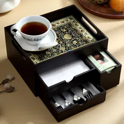 DULI Black Wooden Printed Tray Organiser with Drawers-picture-20