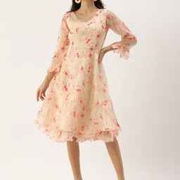 Ethnovog Beige Made To Measure Floral Printed A-Line Midi Dress-picture-6
