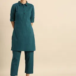 Anouk Women Teal Blue Pure Cotton Kurta with Trousers-picture-55