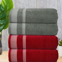 Athom Living Grey & Maroon 4 Pieces Cotton Bath Towels-14