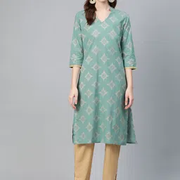 Idalia Women Green & Beige Printed Kurta with Trousers-picture-9