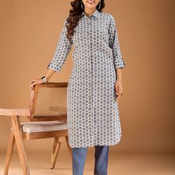 Inddus Geometric Printed Shirt Collar Roll-Up Sleeves Kurta-42