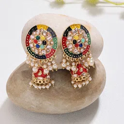 Zaveri Pearls Gold-Plated Artificial Beads And Stones Studded Dome Shaped Jhumkas Earrings-1