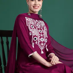 Indo Era Embroidered Mirror Work Kurta With Trousers & Dupatta-13