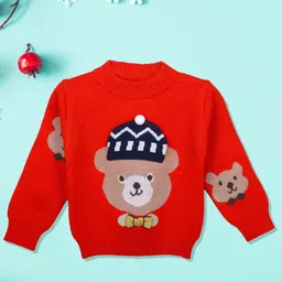 Baby Moo Unisex Kids Red Mr. Bear Premium Full Sleeves with 3D Applique Knitted Sweater-picture-2