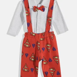 Moms Love Infant Boys Pure Cotton Superman Printed Dungarees with Solid Bow Tie Shirt-image-35