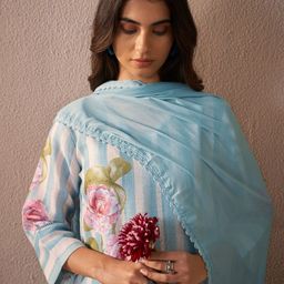 Indo Era Floral Printed V-Neck Linen Kurta with Trousers & Dupatta-picture-17