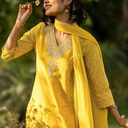 Libas Women Bandhani Printed Regular Kurta with Trousers & With Dupatta-0