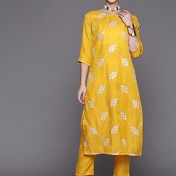 Indo Era Women Mustard Yellow & White Embroidered Sequinned Kurta with Trousers-image-32